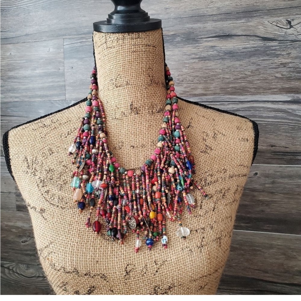 Necklace-Gorgeous & Unique Wood & Glass Bead Double Strand Fringe Necklace